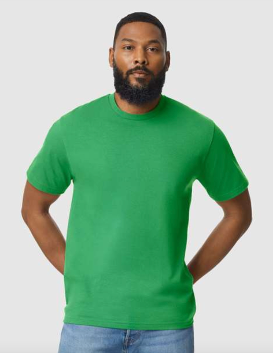 Man wearing a green t-shirt against a plain background