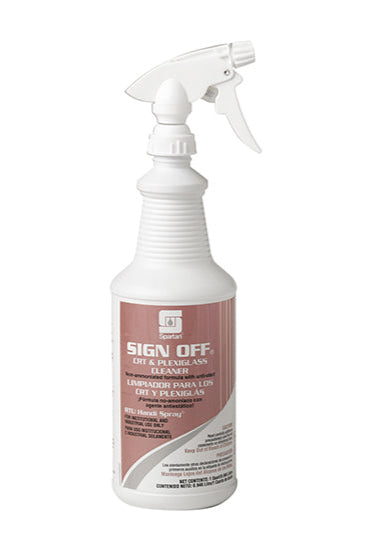 White spray bottle with a brown label on a white background