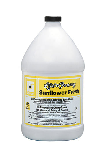 Gallon bottle of Lite 'n Foamy Sunflower Fresh hand, hair, and body wash on a white background