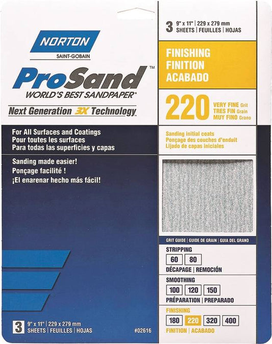 SANDPAPER 9″X11′ 220 GRIT ALUMINUM OXIDE 02616 3PACK