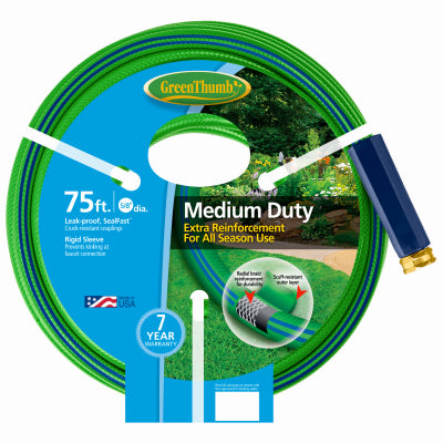 HOSE 5/8 X 75′ NYLON 4PLY GREEN THUMB MEDIUM DUTY