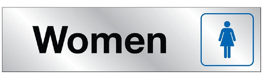 “WOMEN” PLAQUE/SIGN-W/BLUE PIC-STICKER-METAL-8″X2″