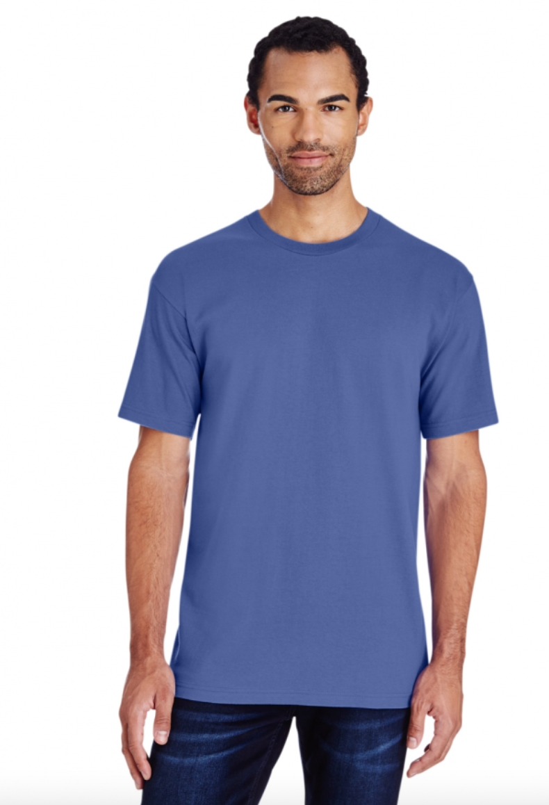 Man wearing a blue t-shirt on a white background