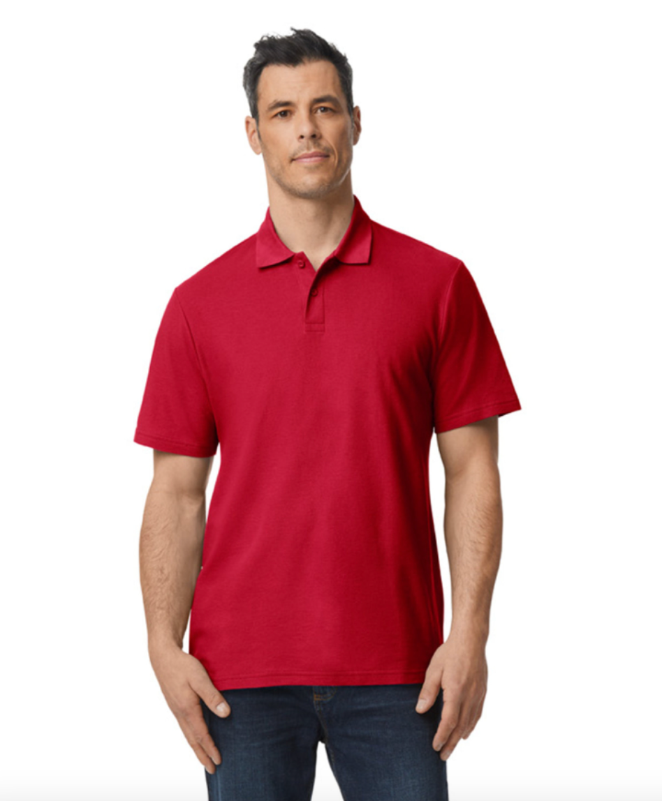 Man wearing a red polo shirt on a white background