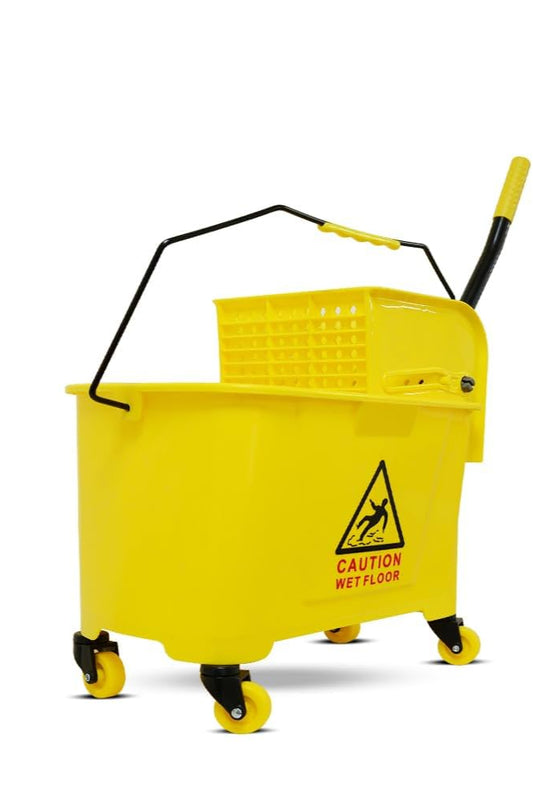 Yellow cleaning bucket with wringer on a white background