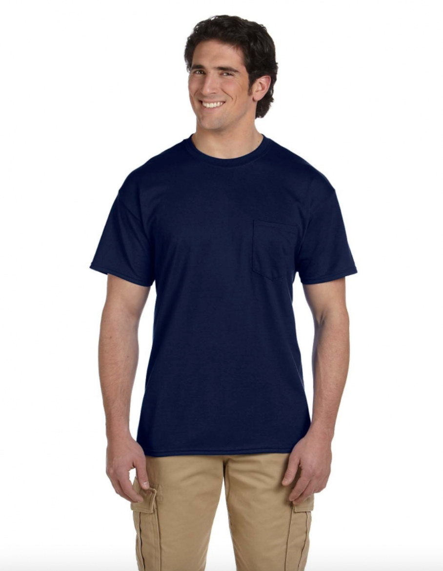 Man wearing a navy blue t-shirt on a white background