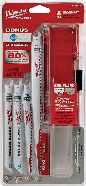 MILWAUKEE 49-22-0240 RECIPROCATING SAW BLADE SET, 8-PIECE, BI-METAL, WHITE, BRIGHT