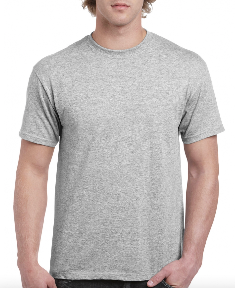 Person wearing a gray t-shirt on a white background
