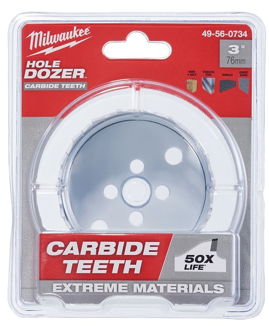 MILWAUKEE 49-56-0734 HOLE SAW, 3 IN DIA, 1.62 IN D CUTTING, 4 TPI, CARBIDE CUTTING EDGE