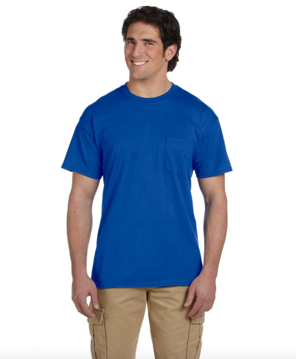 Man wearing a blue t-shirt on a white background