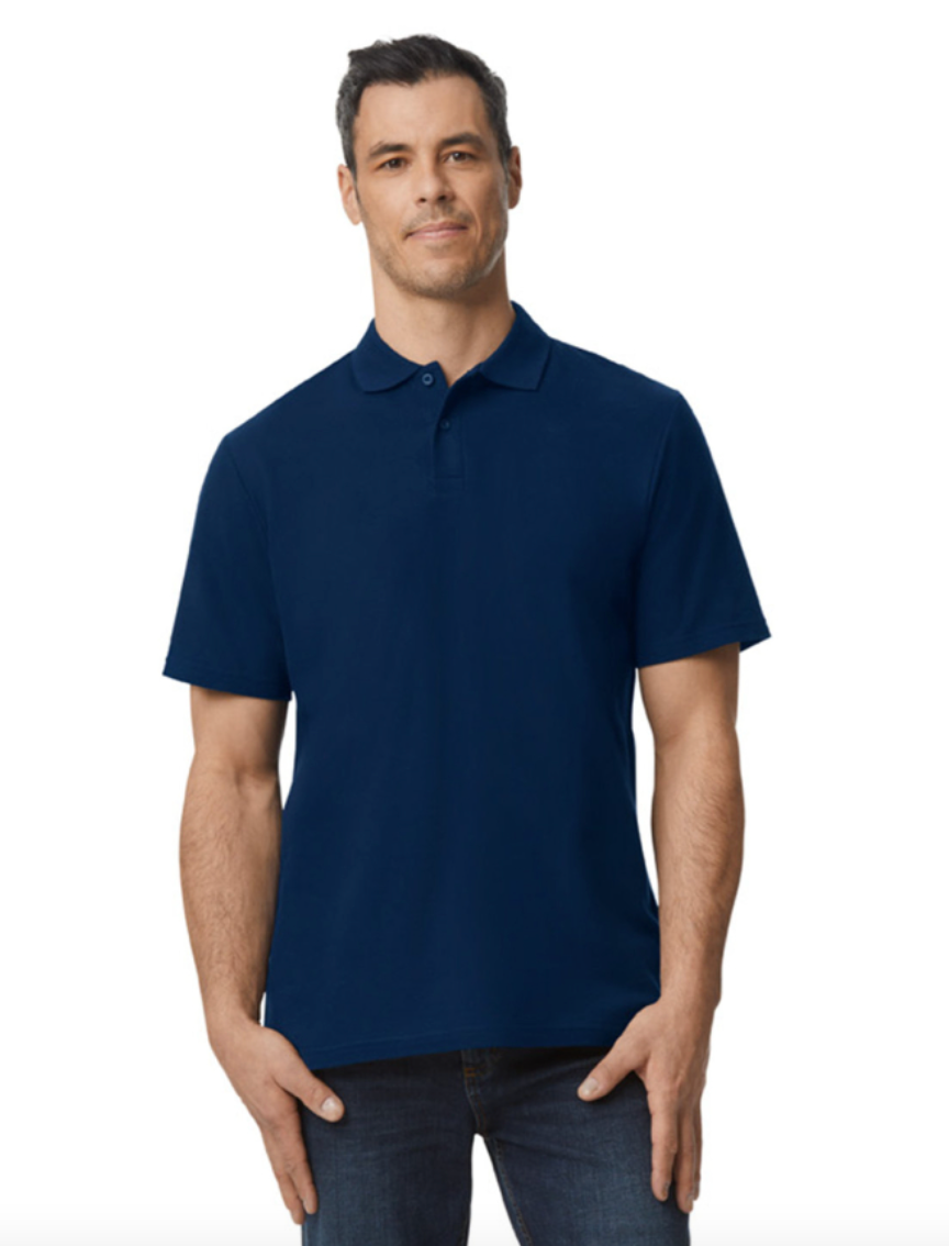 Man wearing a navy blue polo shirt on a white background