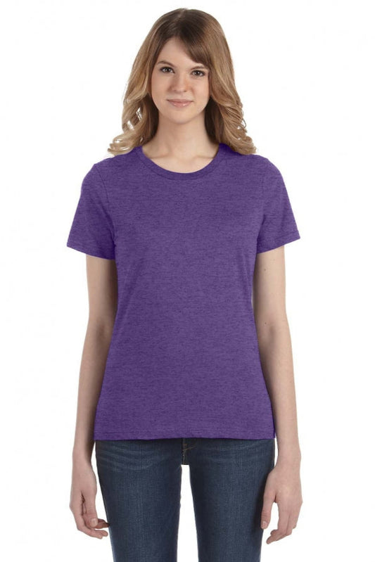 Woman wearing a purple t-shirt on a white background