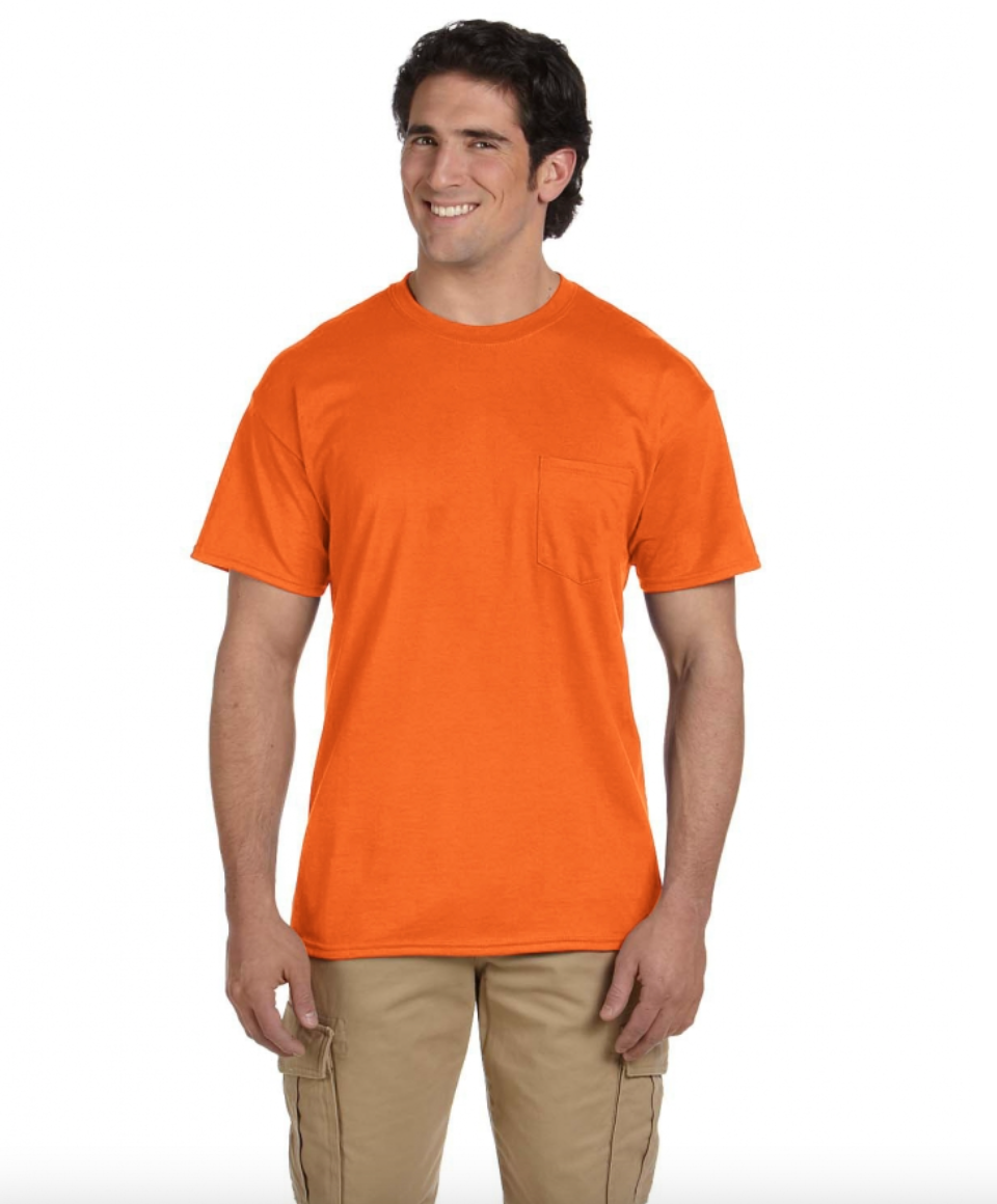 Man wearing an orange t-shirt on a white background