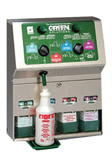 Green Solutions dispenser with spray bottle on a white background