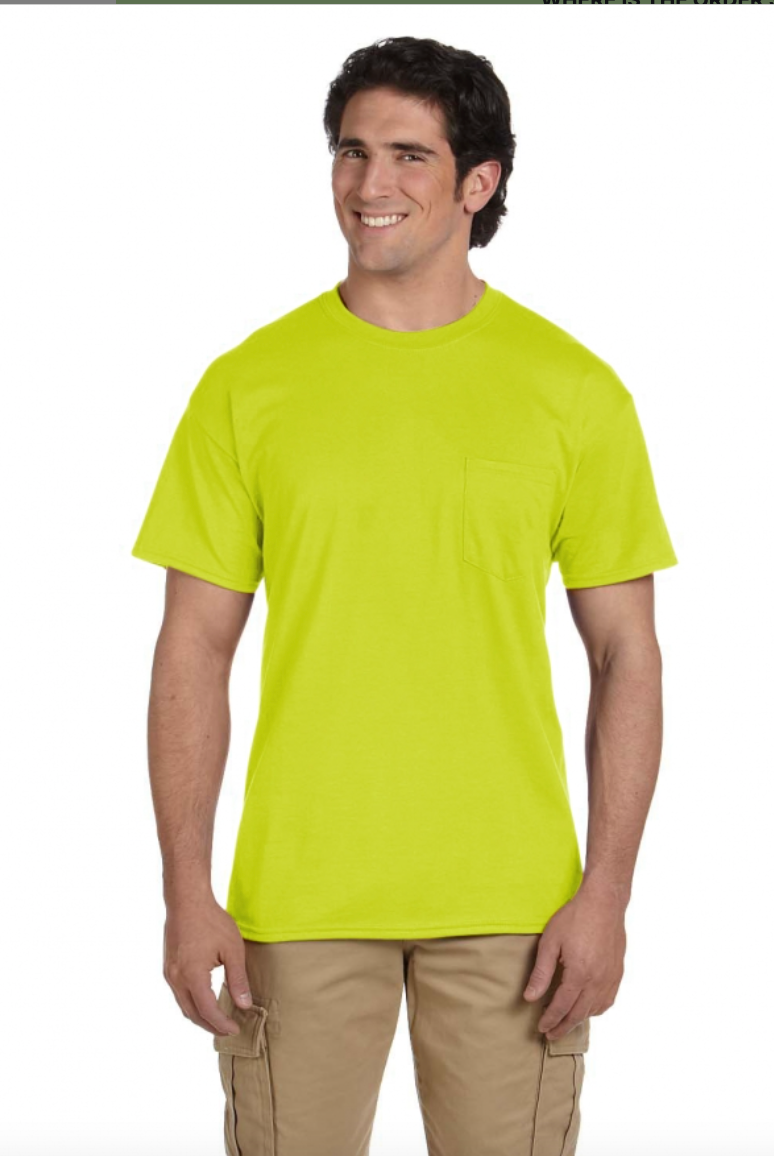 Man wearing a bright green t-shirt on a white background
