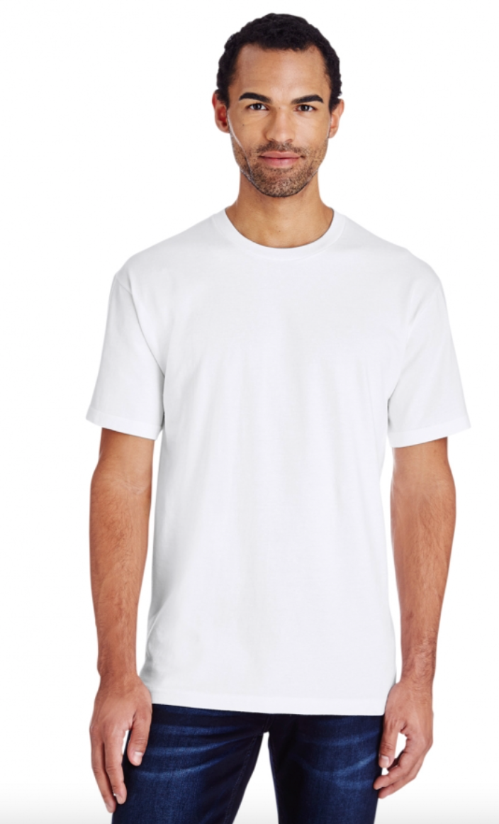 Man wearing a plain white t-shirt on a white background