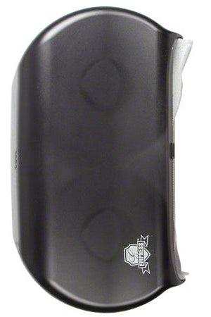 Black toilet paper dispenser with two visible rolls inside