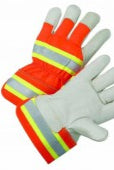 Work gloves with reflective yellow stripes and bright orange cuffs. 