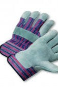 A pair of light blue work gloves with red and blue striped cuffs.