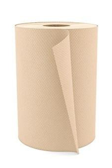 A large, beige roll of textured paper towel stands upright