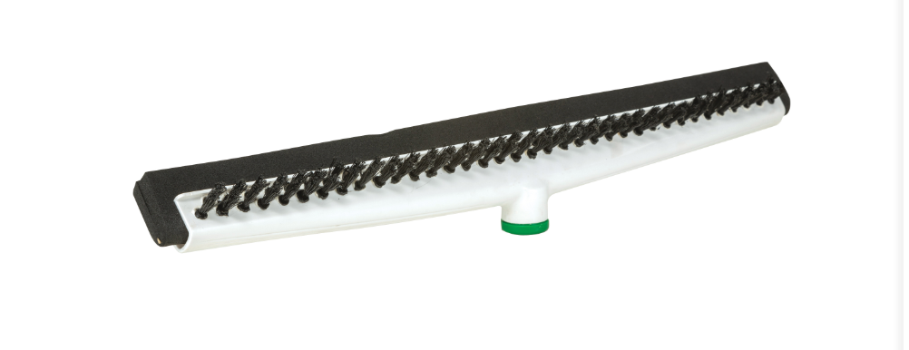 Cleaning brush with black bristle head and white handle on a white background