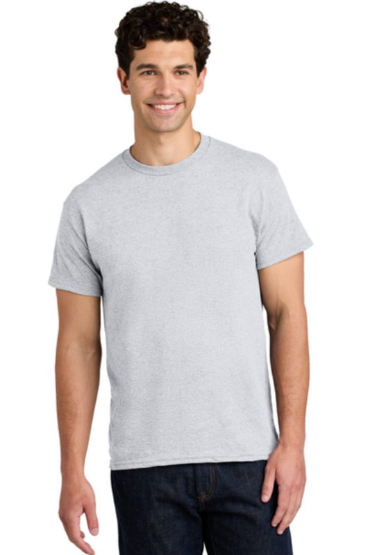 Man wearing a plain gray t-shirt on a white background