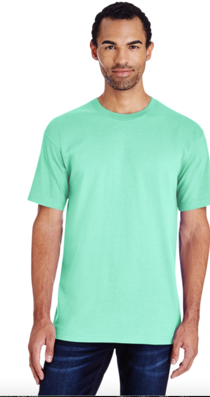 Man wearing a light green t-shirt on a white background