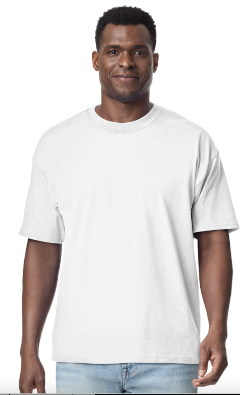 Man wearing a plain white t-shirt on a white background