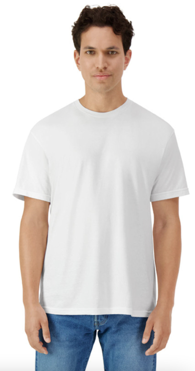 Man wearing a plain white t-shirt on a white background