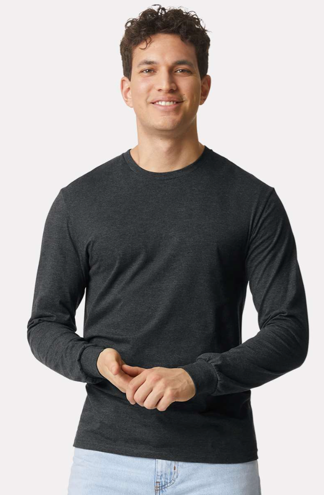 Man wearing a black long-sleeve shirt against a white background