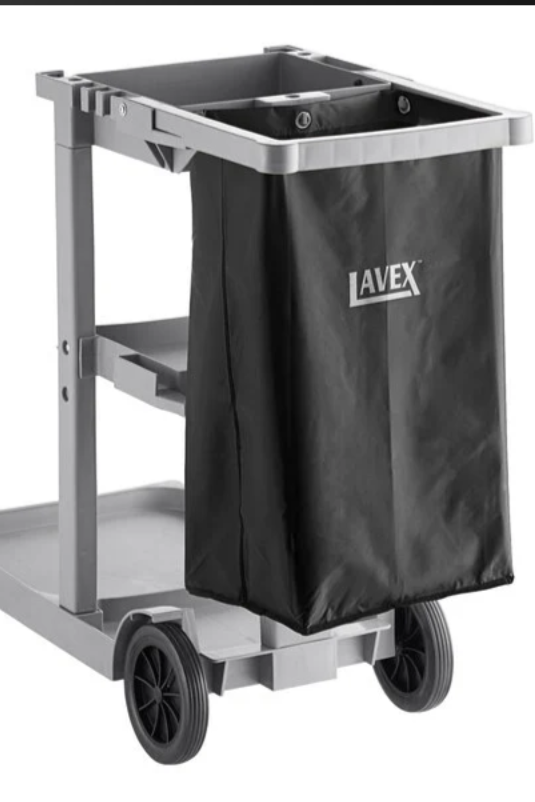 Cleaning cart with a black bag featuring the Lavex logo on a white background