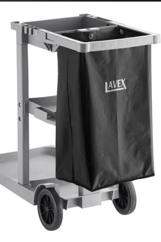 Cleaning cart with a black bag featuring the Lavex logo on a white background