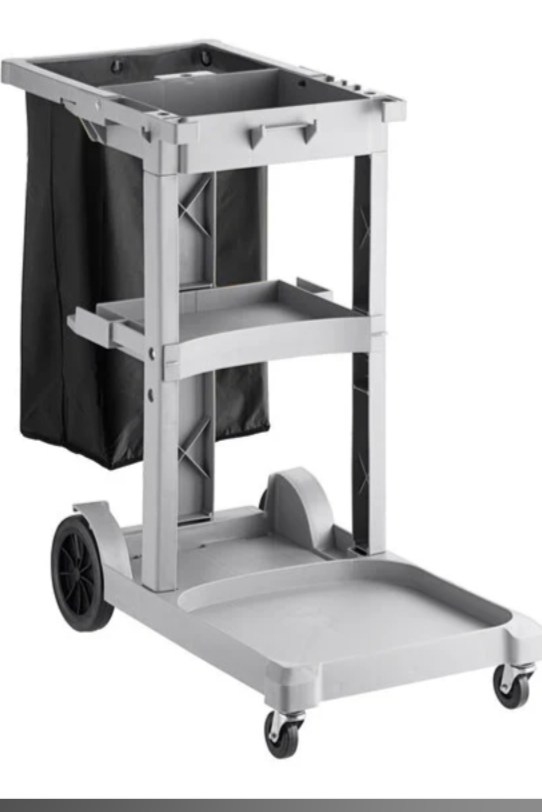 Gray cleaning cart with a black bag on a white background