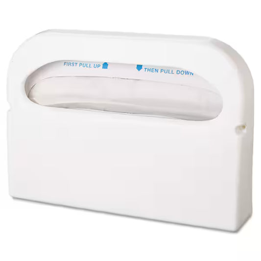 Wall-mounted toilet seat cover dispenser made of white plastic,