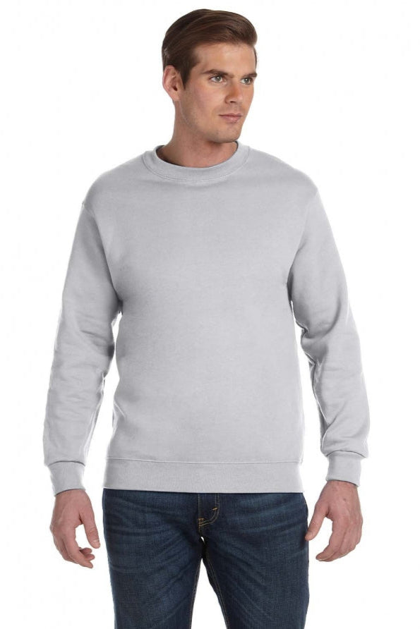 Man wearing a gray sweatshirt and blue jeans on a white background