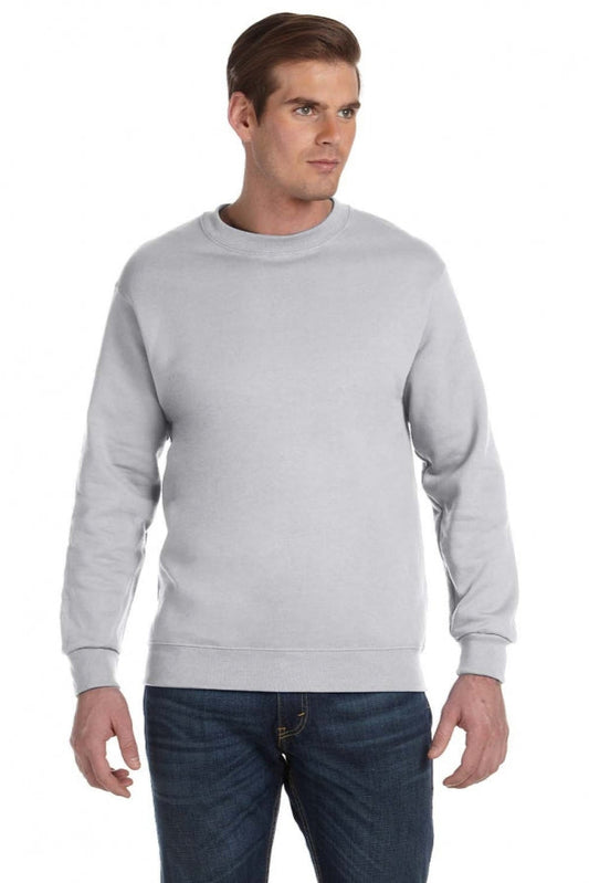 Man wearing a gray sweatshirt and blue jeans on a white background