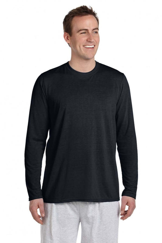 Man wearing a black long-sleeve shirt on a white background