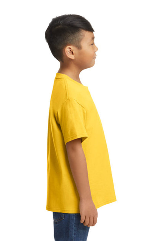 Child wearing a yellow t-shirt on a white background