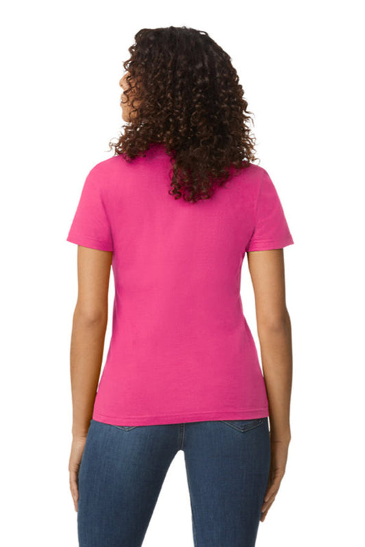 Person wearing a pink t-shirt on a white background