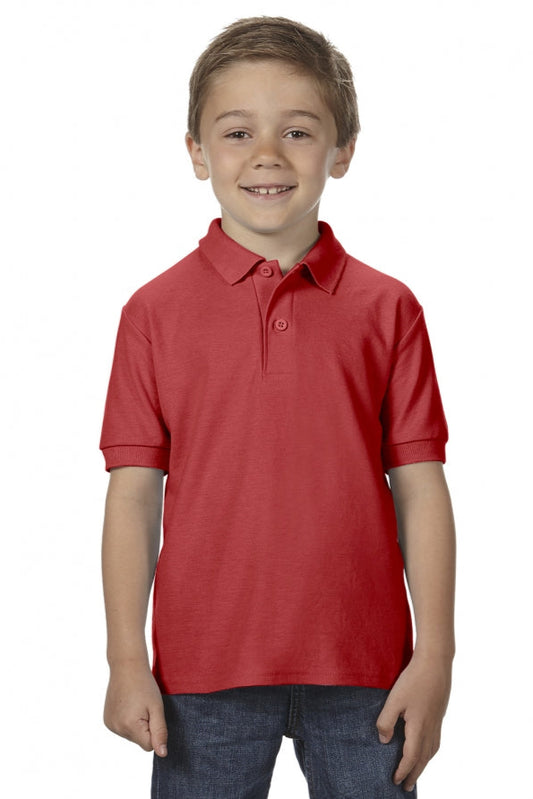 Child wearing a red polo shirt on a white background