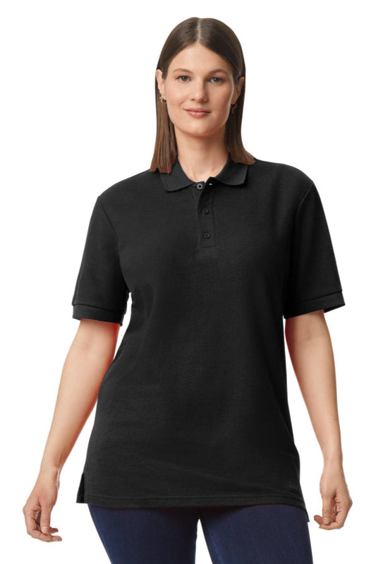 Woman wearing a black polo shirt on a white background