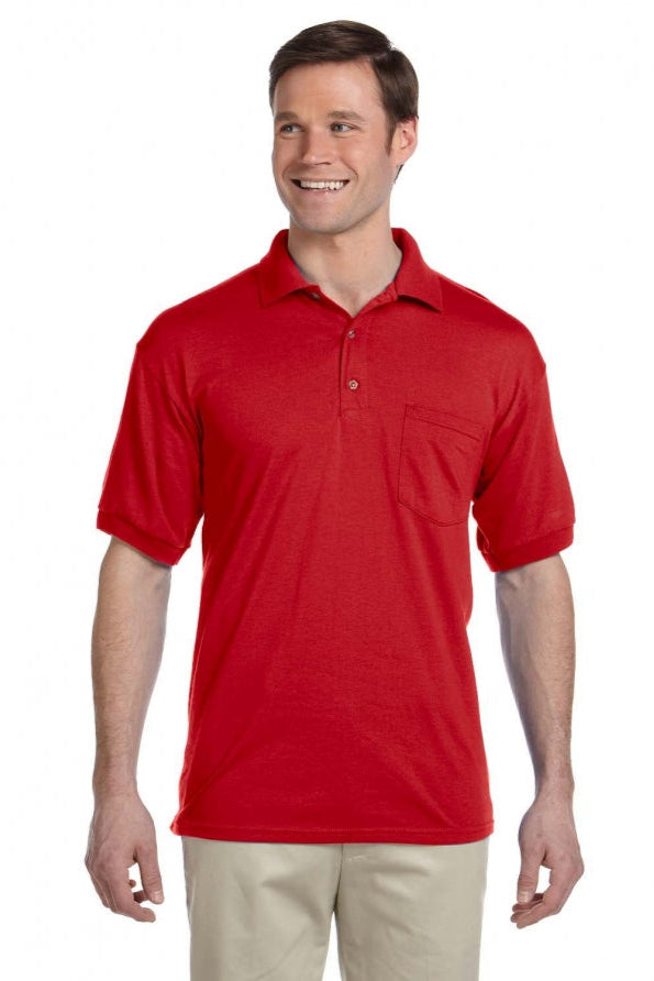 Man wearing a red polo shirt on a white background