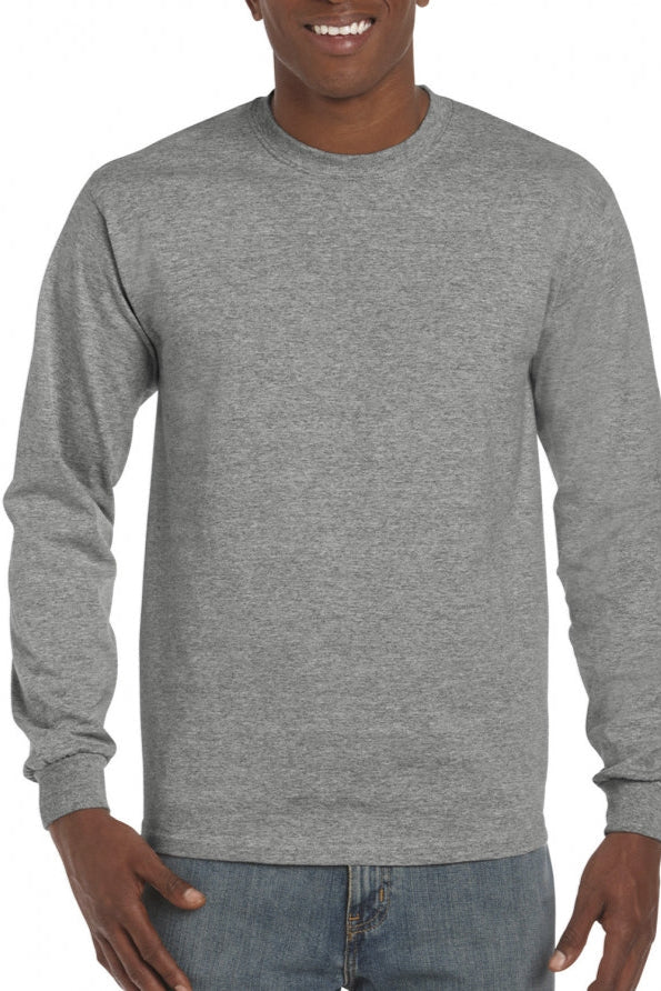 Person wearing a gray long-sleeve shirt on a white background