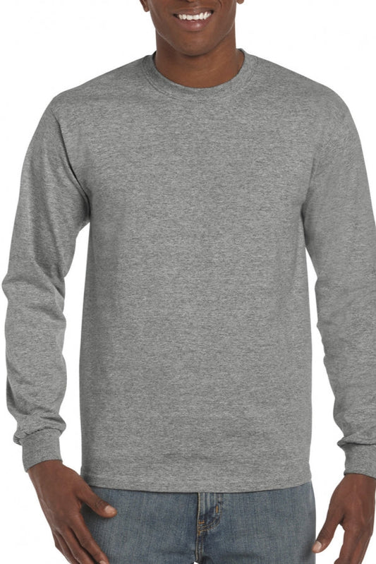 Person wearing a gray long-sleeve shirt on a white background