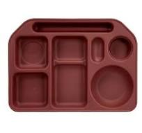 Red plastic tray with multiple compartments on a white background