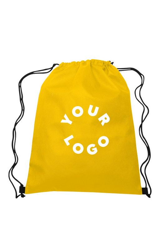 Yellow drawstring bag with 'YOUR LOGO' text on a white background