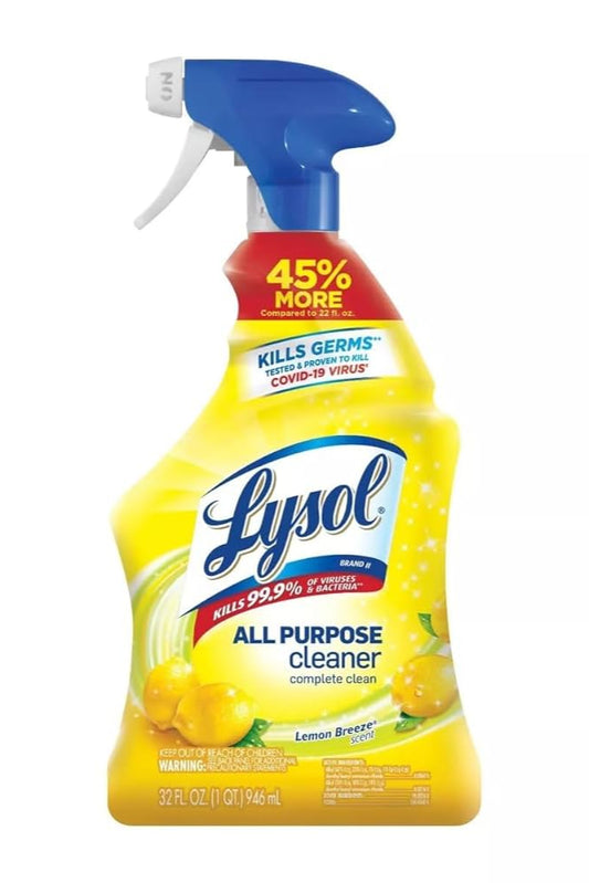 Lysol All-Purpose Cleaner spray bottle with a blue nozzle. 
