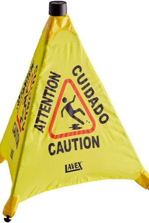 Yellow caution cone with 'Attention Cuidado Caution' text and a black base on a white background.
