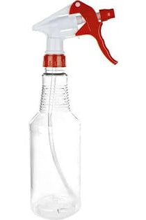 Clear spray bottle with a red nozzle on a white background