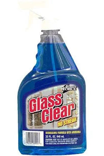 Glass cleaner bottle labeled 'Glass Clear' on a white background
